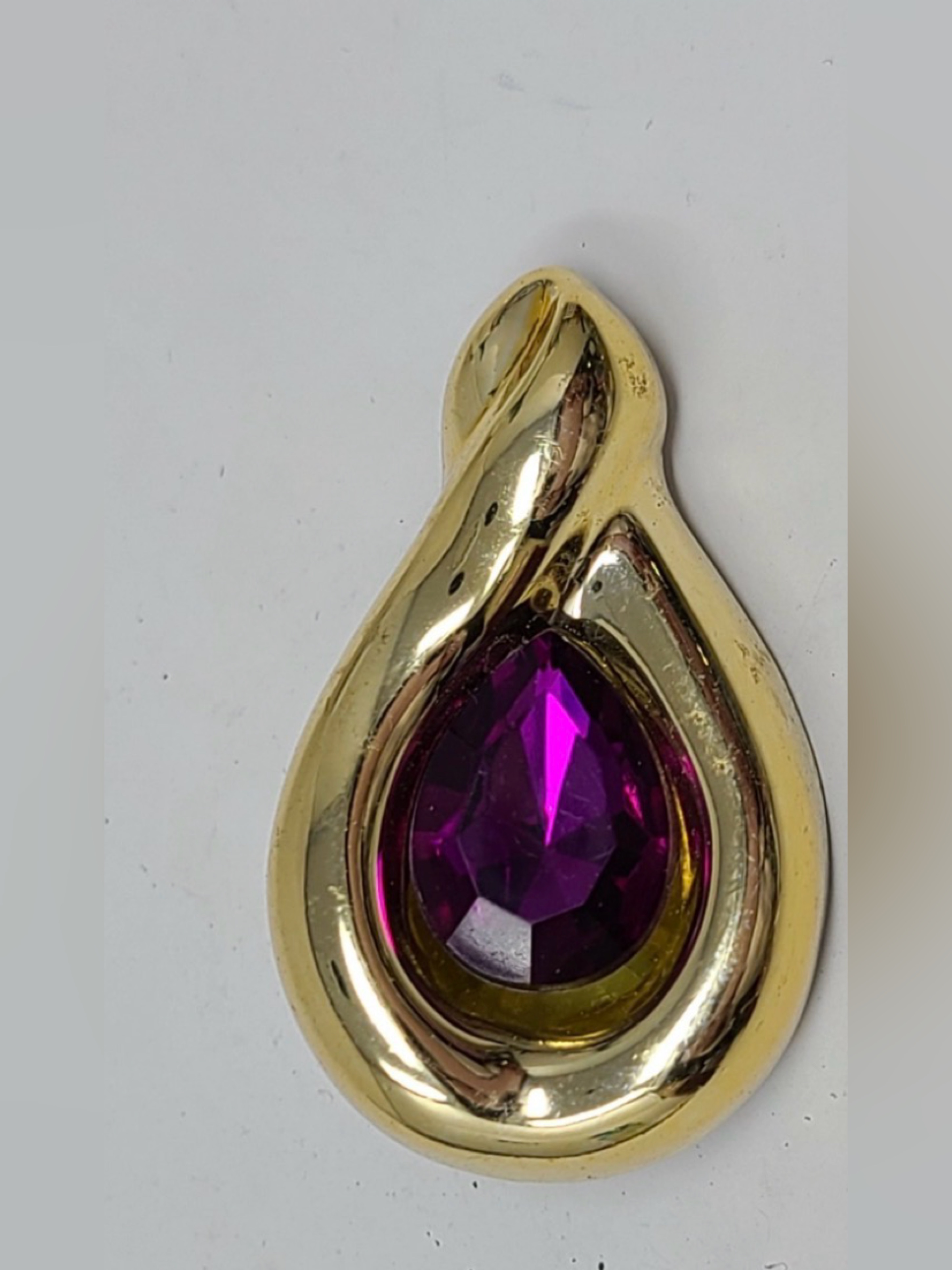 Vintage 80’s Gold Teardrop Pendant Brooch With Purple Gem